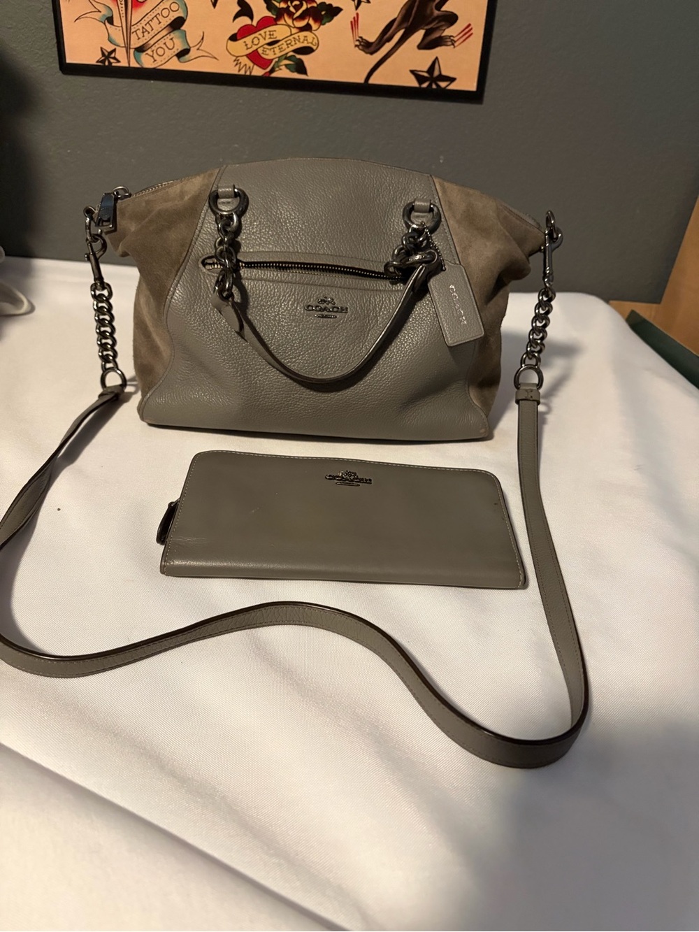 Coach Chain Prairie Satchel in Polished Pebble Leather Suede w/ Matching Wallet